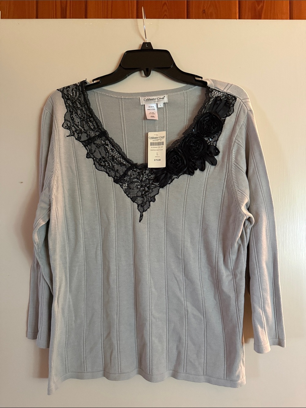 Coldwater Creek Light Gray Sweater with Black Lace Applique